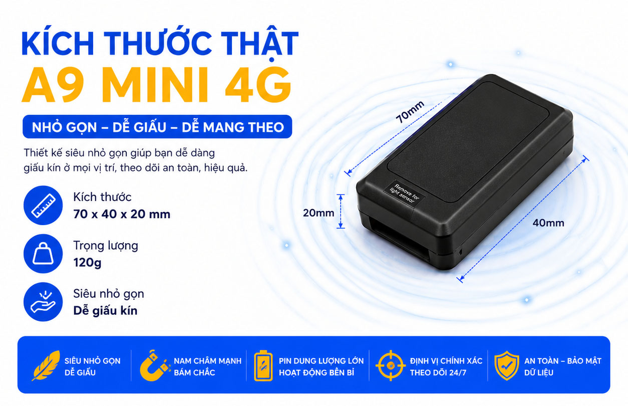 Thiết bị A9 Mini 4G kích thước và trọng lượng của A9 Mini 4G